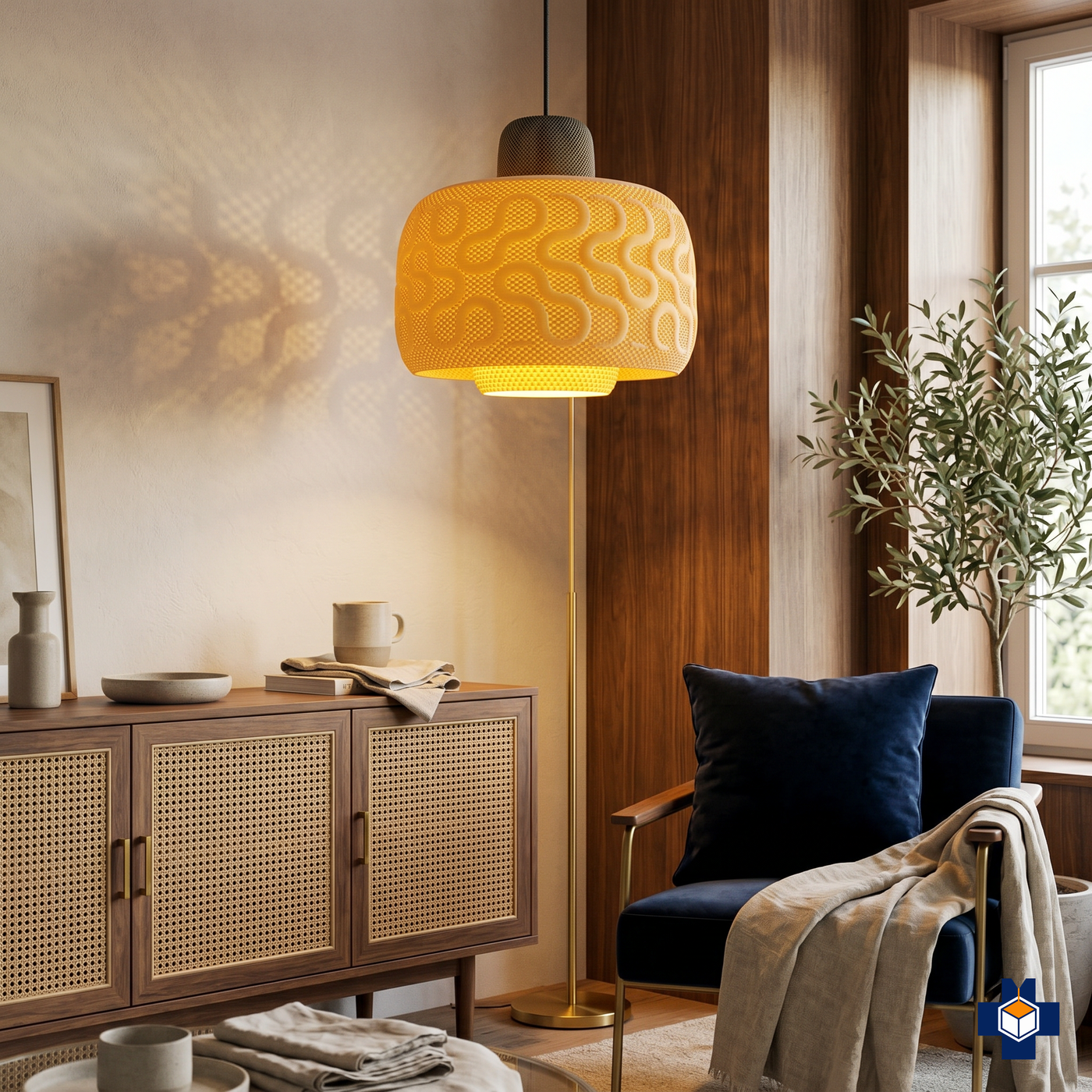 SEAMLESS wave-mesh pendant in a cozy living room