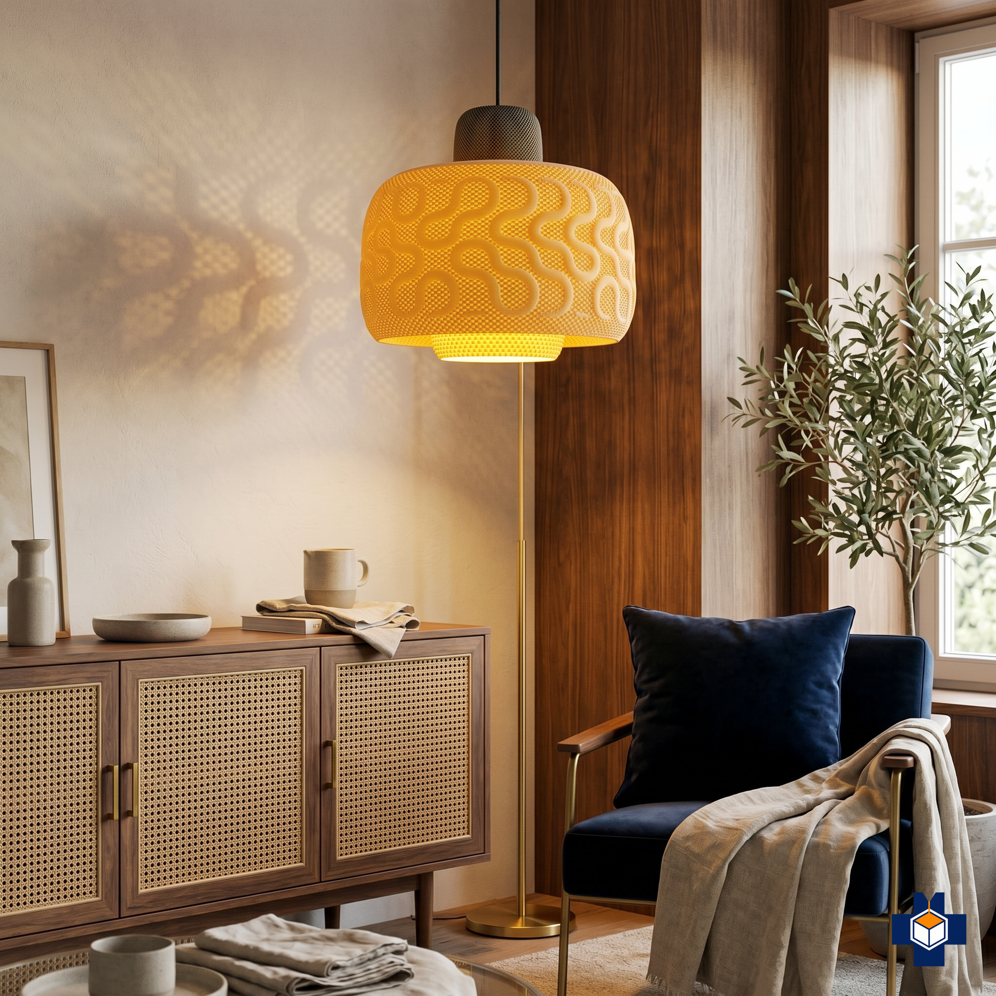 SEAMLESS wave-mesh pendant in a cozy living room