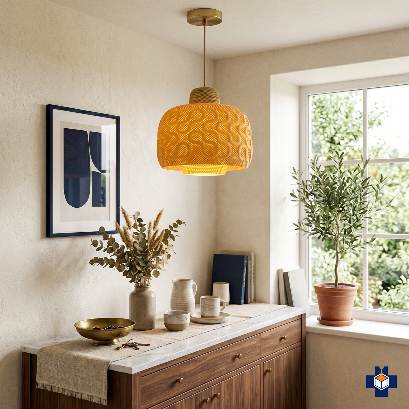 SEAMLESS mesh pendant in a bright retro-boho kitchen