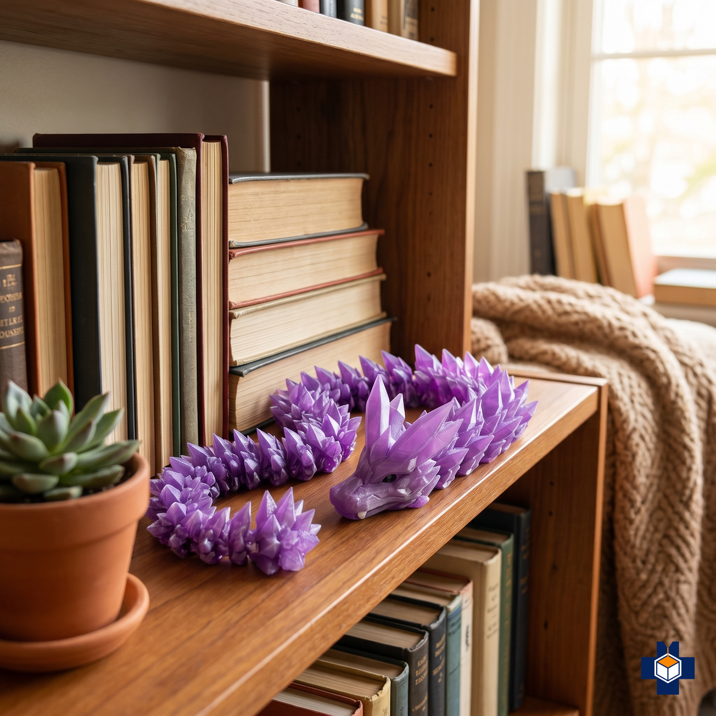 SPARK crystal dragon displayed on a shelf with books