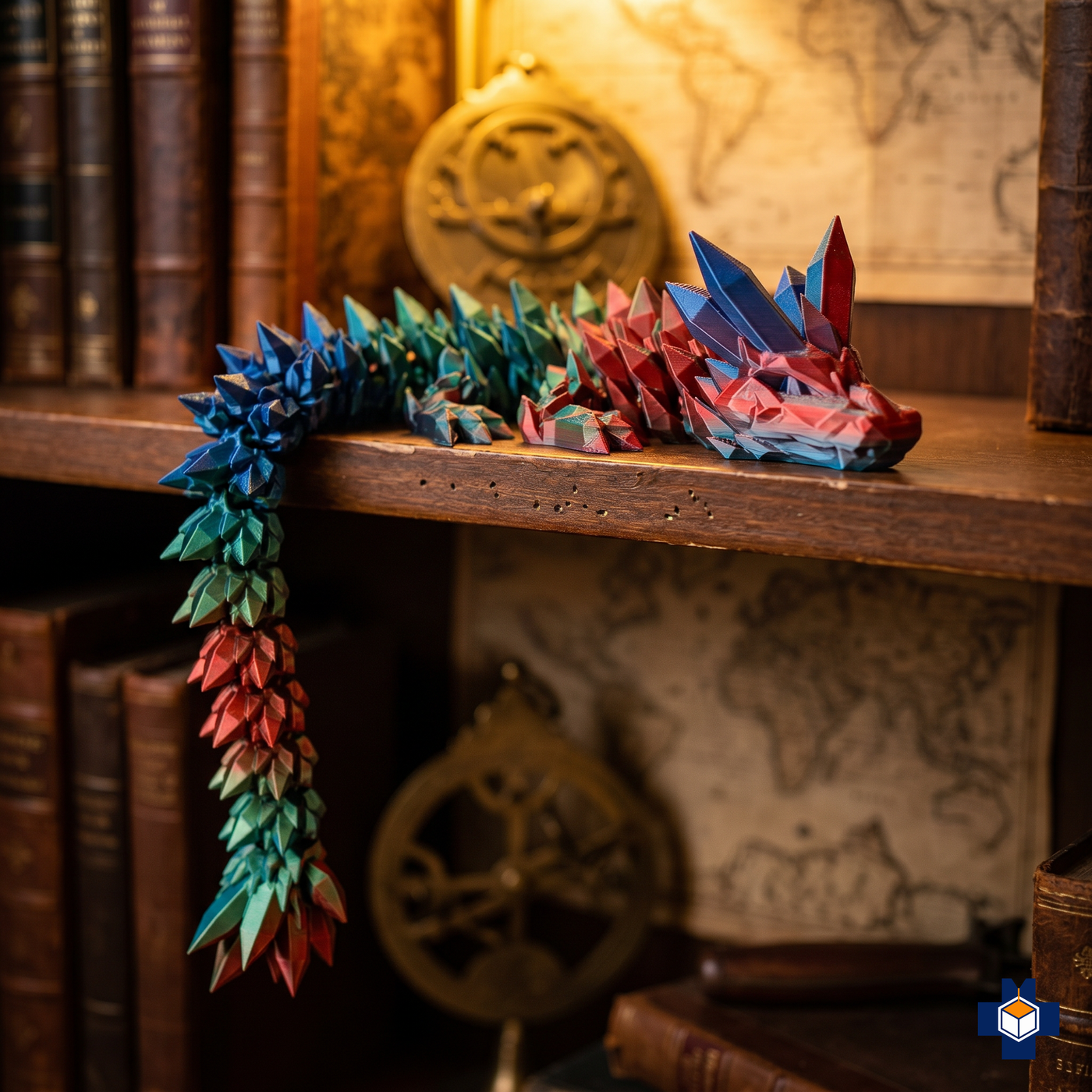 SPARK crystal dragon draped over a shelf edge