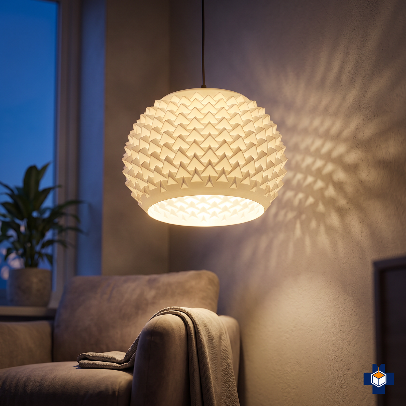 SPIKE spiked dome pendant light glowing in a cozy corner