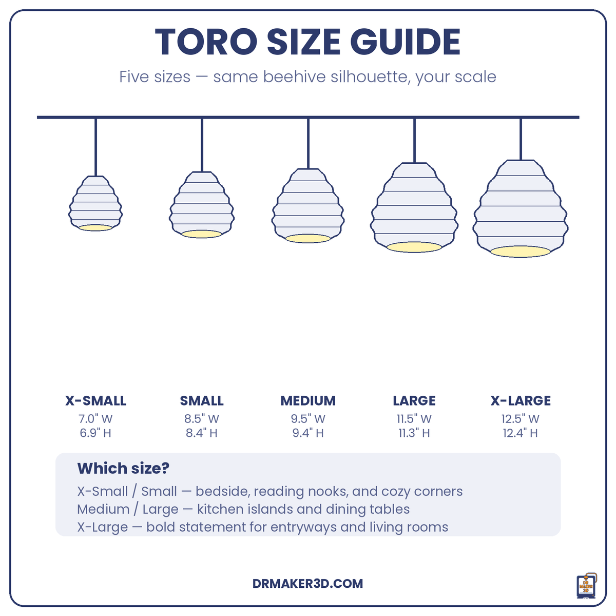 TORO size guide, five sizes
