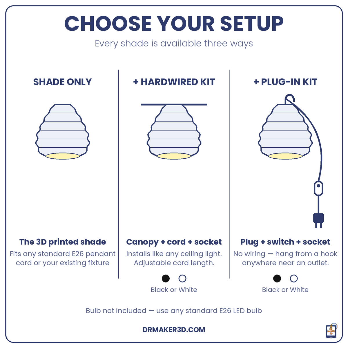 TORO setup options: shade only, hardwired, plug-in