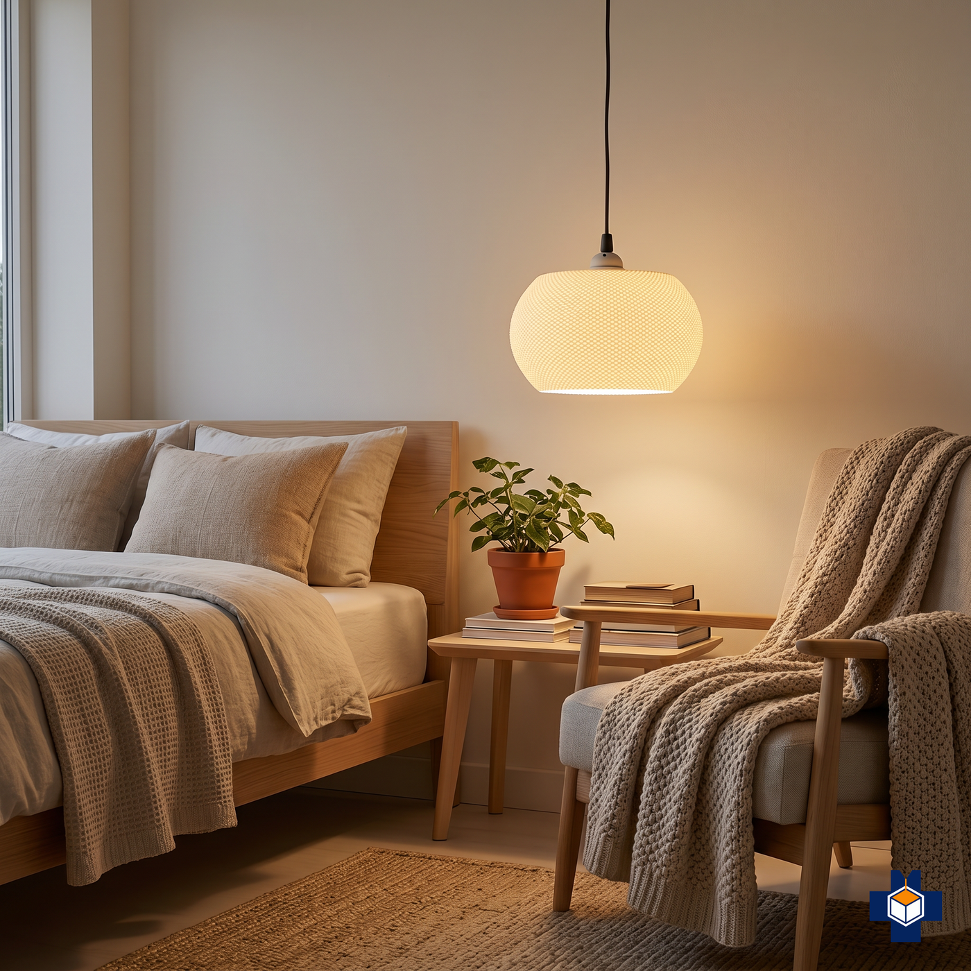 VALO pebble pendant light in a bedroom reading nook