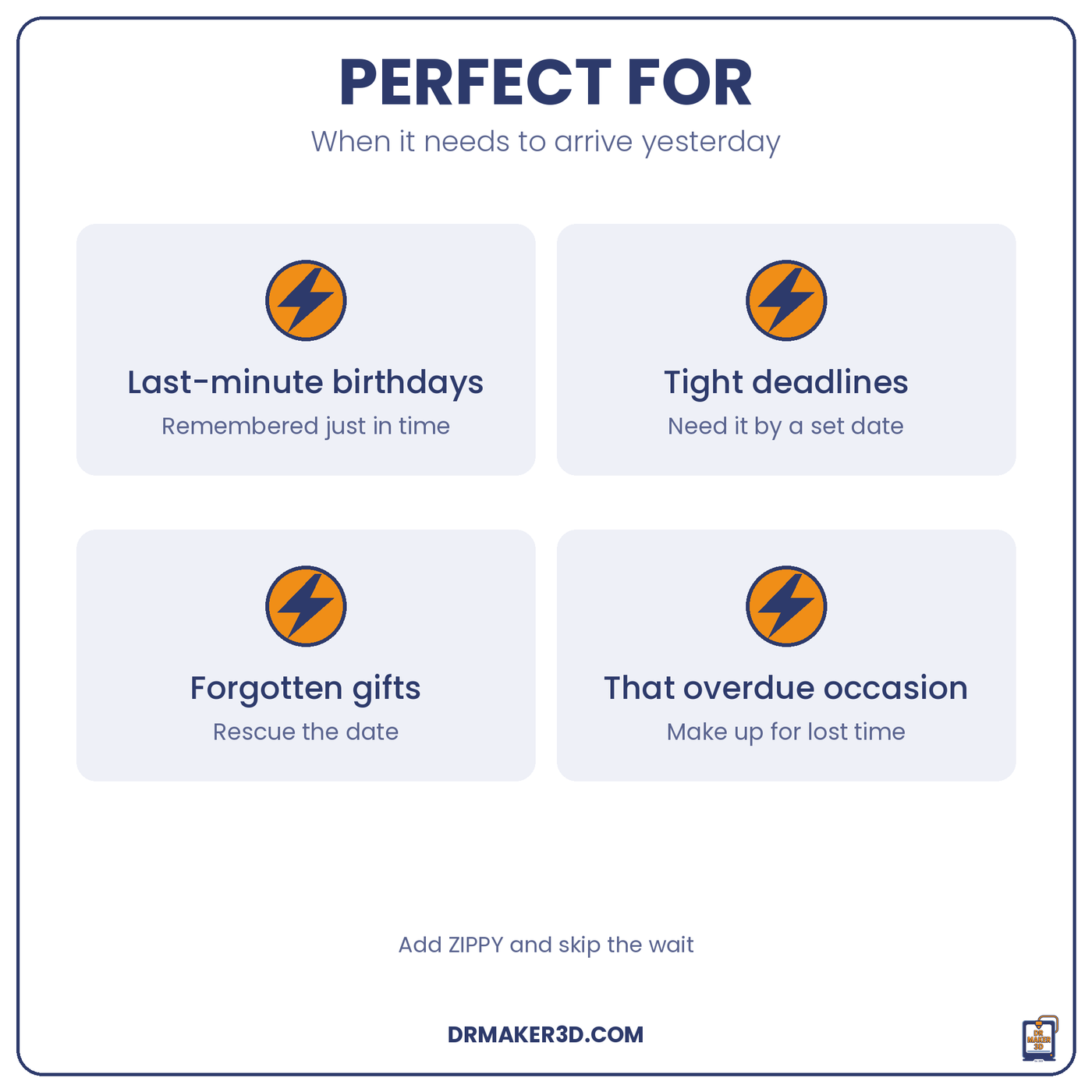 ZIPPY is perfect for last-minute birthdays, tight deadlines, and forgotten gifts