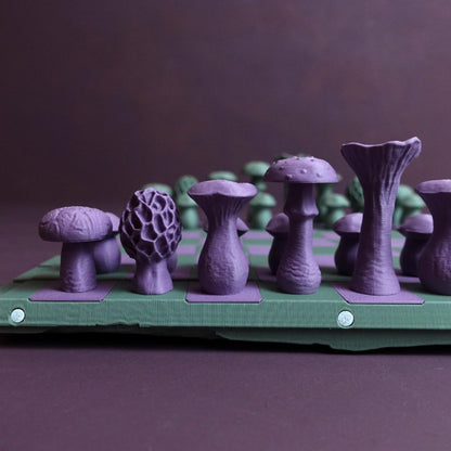 SPORE | 3D Printed Mushroom Chess Set, Magnetic Board Game, Pine Log Storage Box Gift