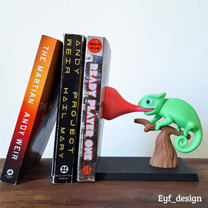 STICKY | 3D Printed Chameleon Bookend, Weighted Reptile Bookshelf Decor, Reptile Lover Gift