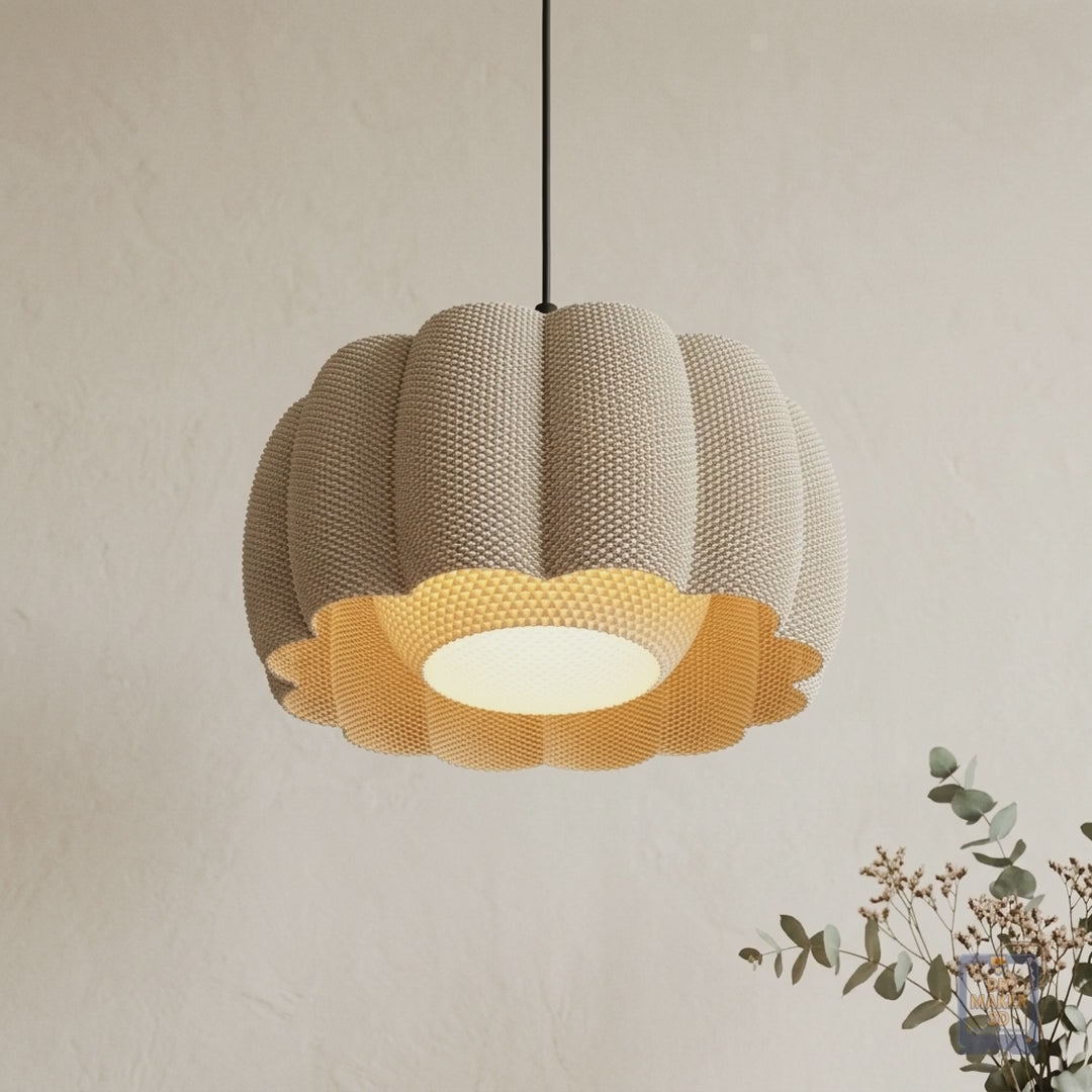Slideshow of the ARA 3D printed scalloped pendant in rooms, colors, sizes, and setup options