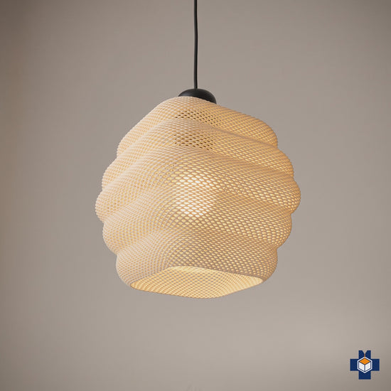 Slideshow of the CLARISA 3D printed woven globe pendant in rooms, colors, and setup options