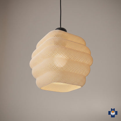 Slideshow of the CLARISA 3D printed woven globe pendant in rooms, colors, and setup options
