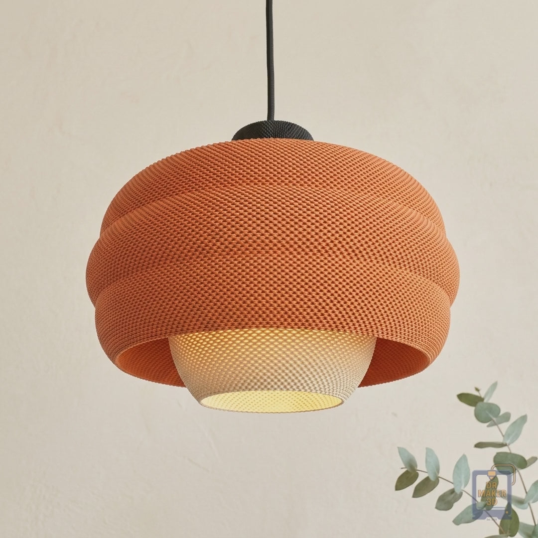 Slideshow of the BETTY 3D printed ribbed pendant light in rooms, colors, sizes, and setup options