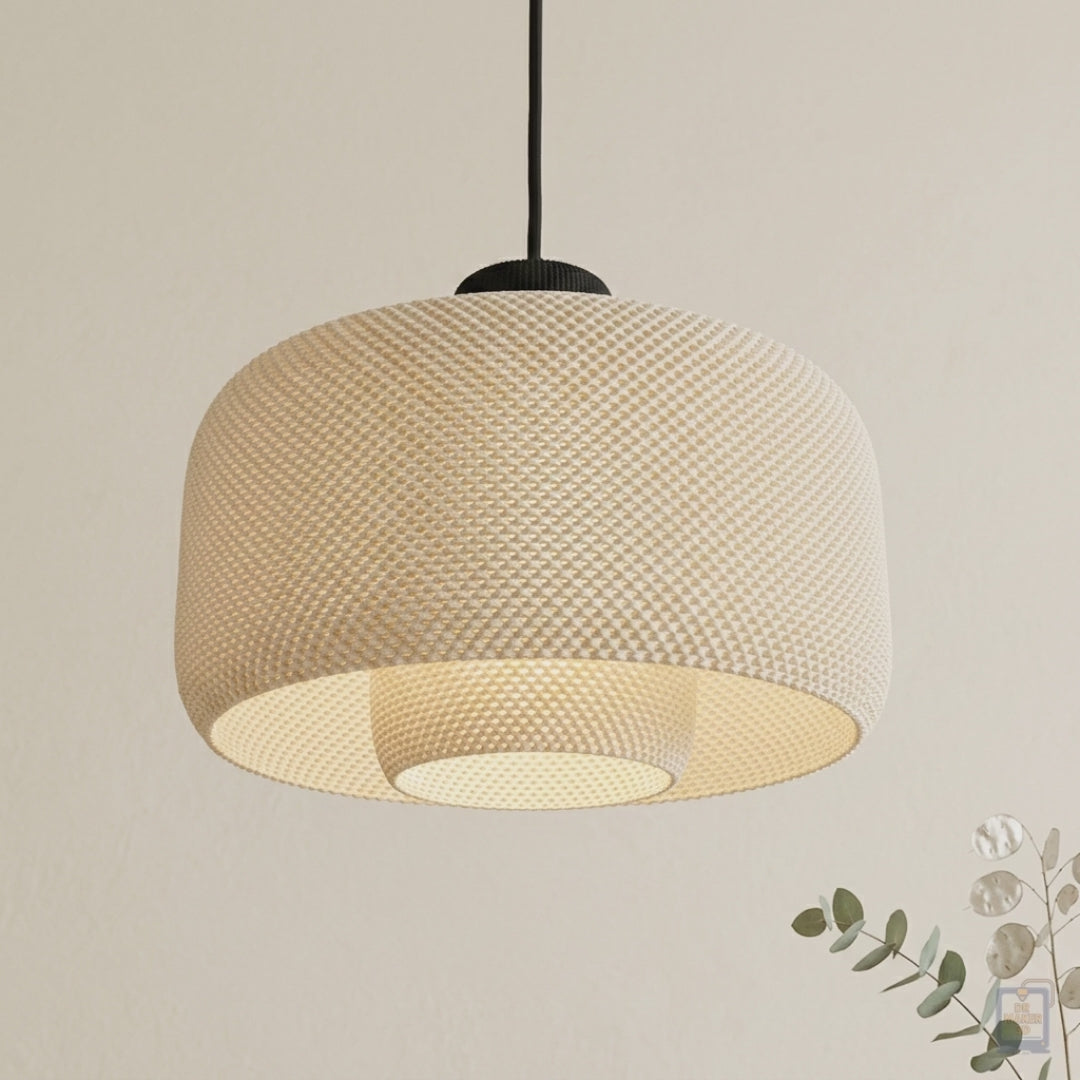 Slideshow of the LOLA 3D printed drum pendant light in rooms, colors, sizes, and setup options