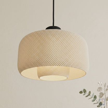 Slideshow of the LOLA 3D printed drum pendant light in rooms, colors, sizes, and setup options