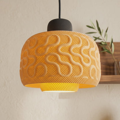 Slideshow of the SEAMLESS 3D printed wavy mesh pendant light in rooms and colorways