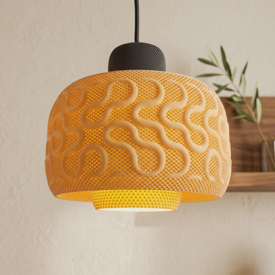Slideshow of the SEAMLESS 3D printed wavy mesh pendant light in rooms and colorways