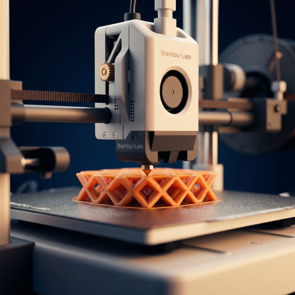 3D printer nozzle printing an orange geometric object - PRINTIQ instant quote custom printing